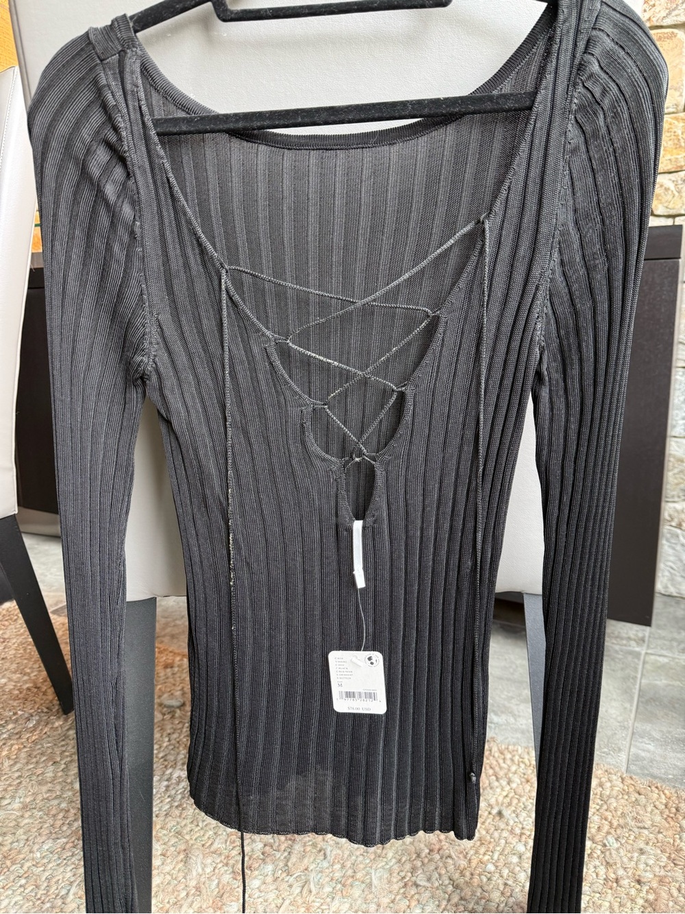 NWT Free People Black Ribbed Lace-Up Long Sleeve Top